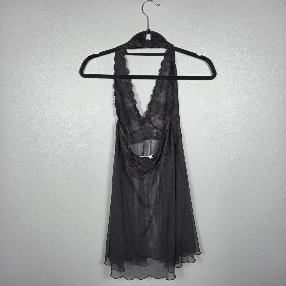 Victoria's Secret Black Lace Sheer Mesh Halter Babydoll Lingerie M Y2K 2005